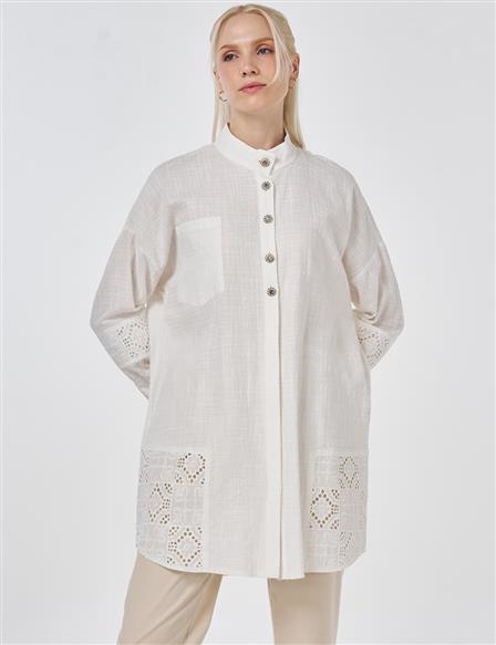 Shiny Buttoned Gofre Tunic Off-White