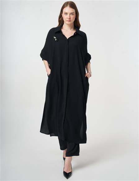 Embroidered Crepe Long Tunic Black