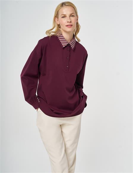 Shirt-Detail Rayon Sweatshirt Dark Burgundy