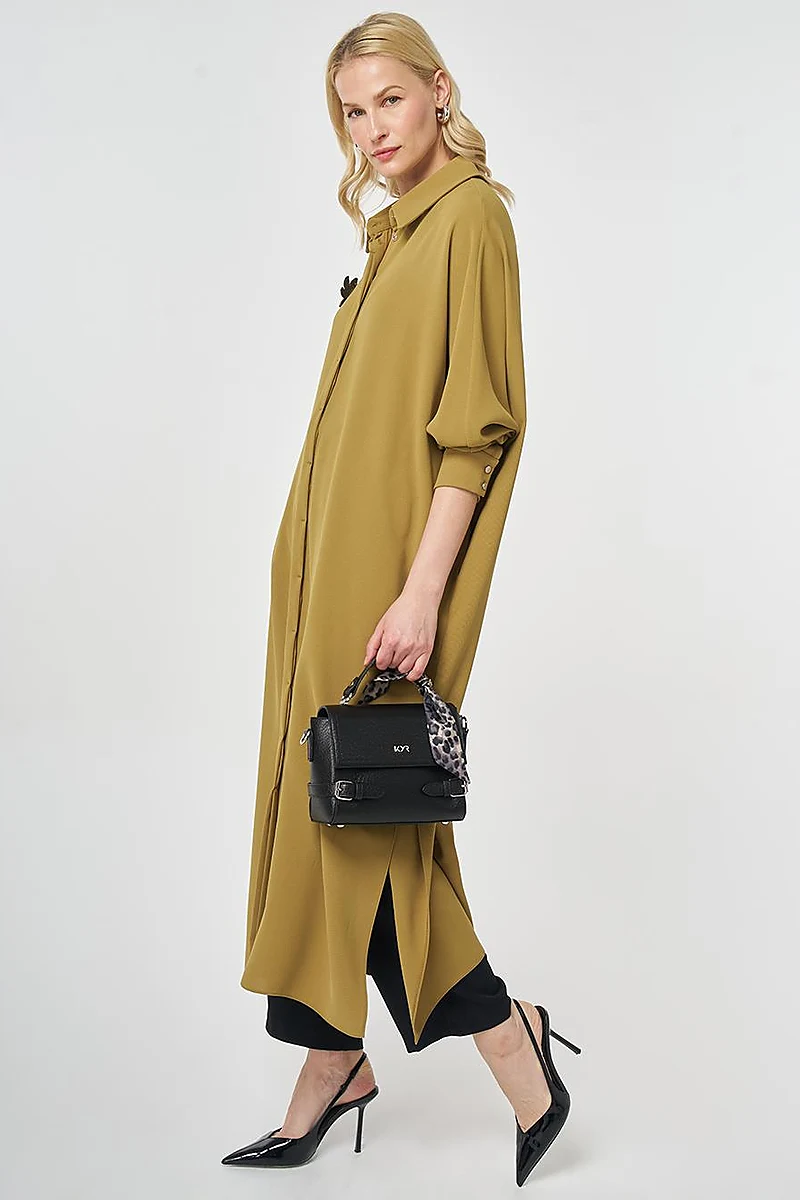 Embroidered Crepe Long Tunic Khaki