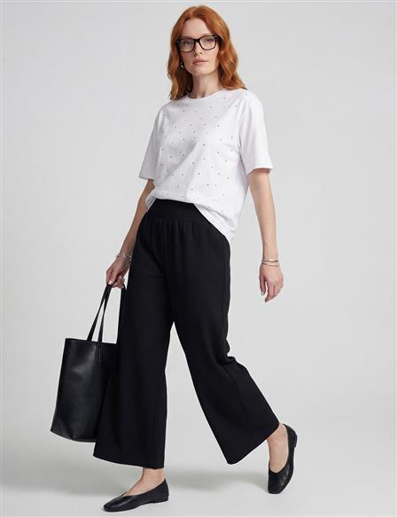 Relaxed Fit Trousers with Lace Stitching, Black