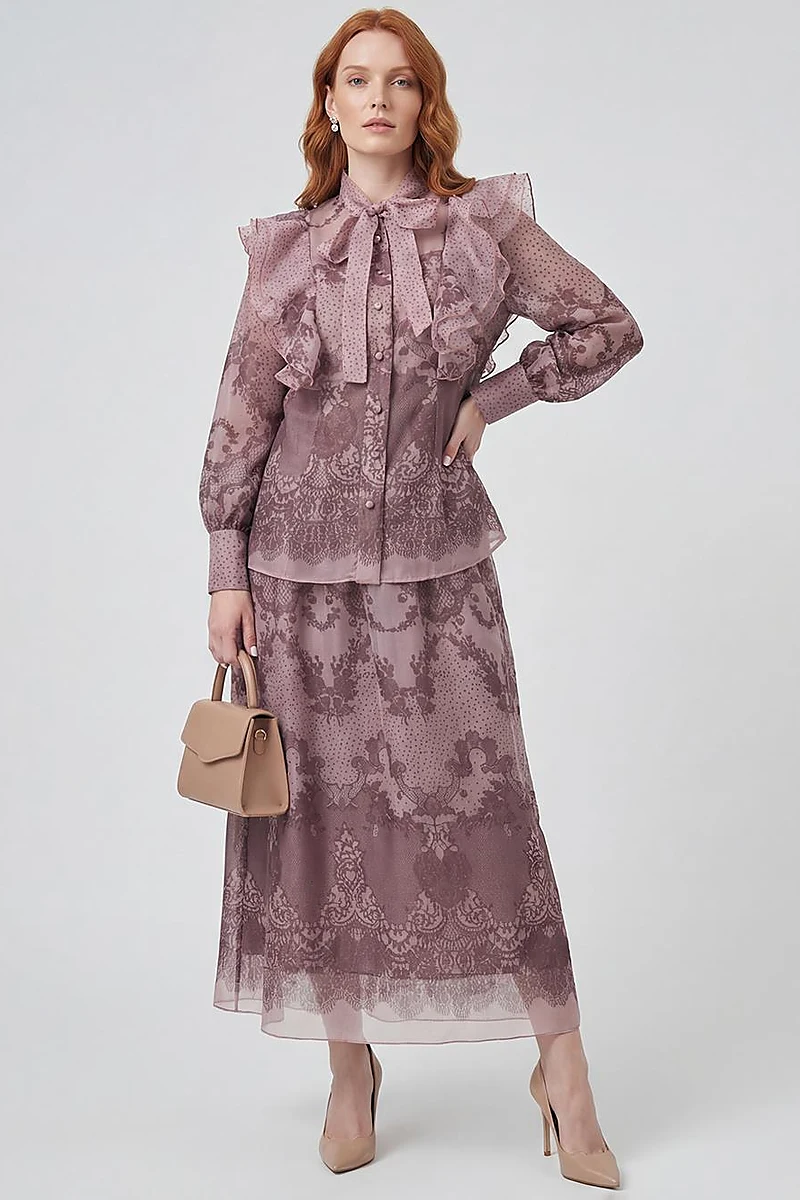 Shawl Collar Organza Set Rose Pink