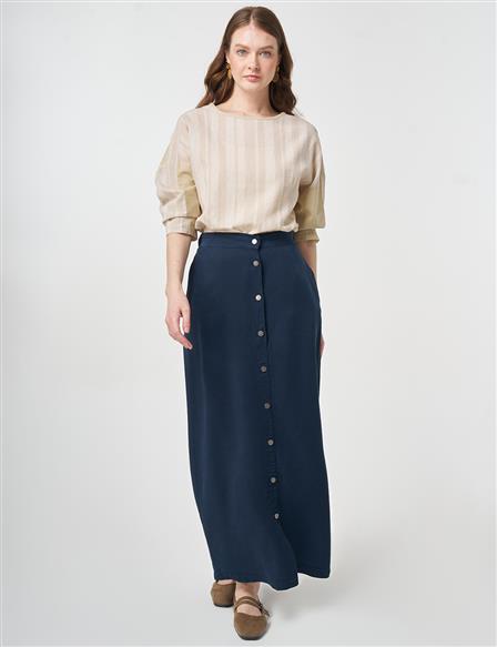 100% Lyocell Button Detail Skirt Dark Navy