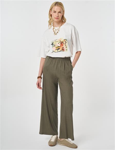 Bel Lastikli Keten Viskon Pantolon Haki