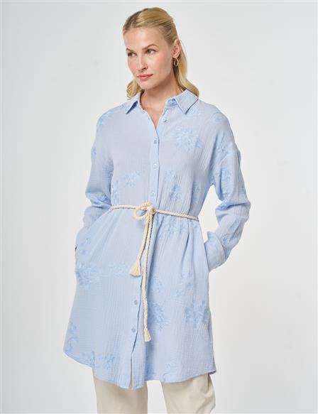 Cotton Tunic with Straw Rope Belt Detail, Blue