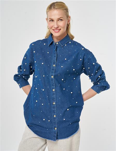 Pearl-Embellished Denim Tunic Indigo