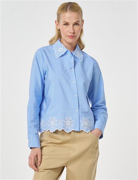 Laser-Cut Cotton Blouse – Light Air Force Blue