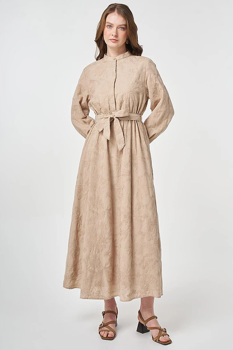 100% Cotton Embroidered Dress Beige