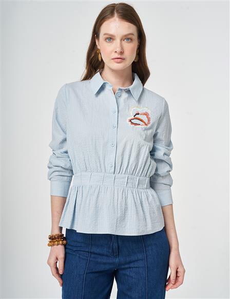 100% Cotton Embroidered Crinkle Blouse Blue