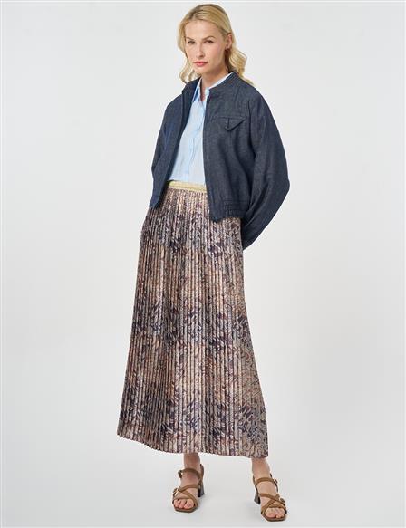 Ethnic Pattern Pleated Skirt Dark Olive