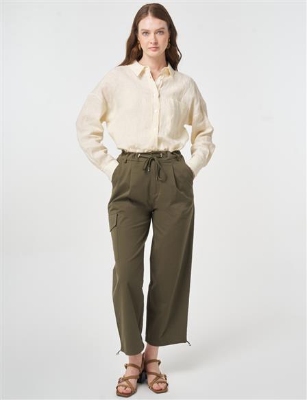 High-Waist Cargo Pocket Trousers Dark Khaki
