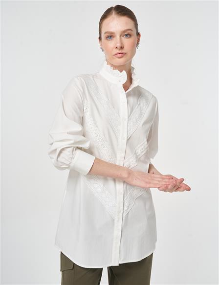 Fırfır Yaka Pamuklu Bluz Ten 