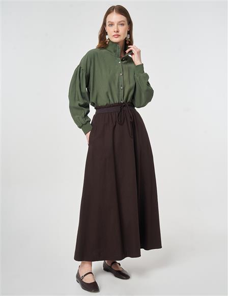 Elastic-Waist Denim Skirt Dark Brown