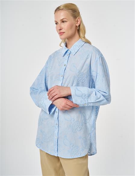 %100 Pamuklu Floral İşlemeli Tunik Ekru