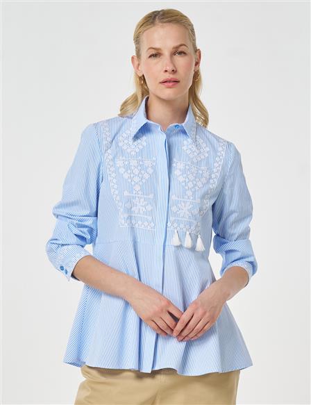 Ethnic Pattern Cotton Blouse Blue
