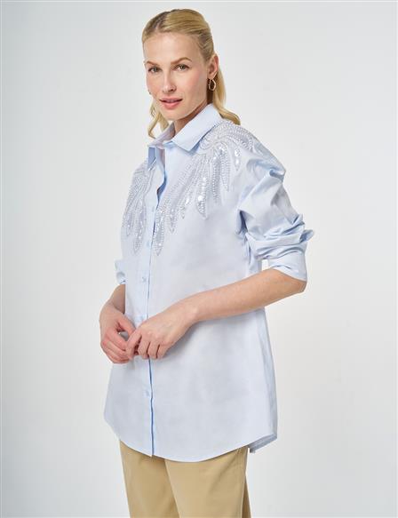 100% Cotton Sequin and Pearl Embellished Tunic Blue