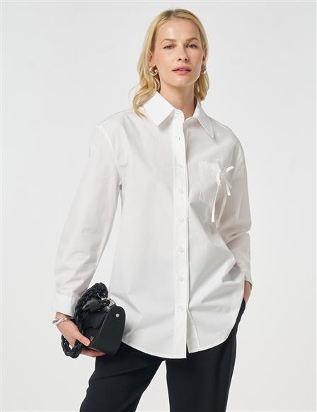 Fırfır Yaka Pamuklu Bluz Optik Beyaz 