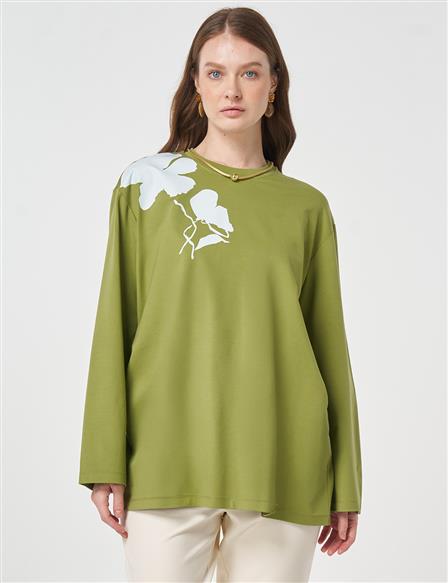 Printed Detail Knit Sweatshirt Matcha Green