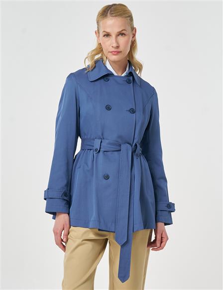 Belted Short Trench Coat, Indigo