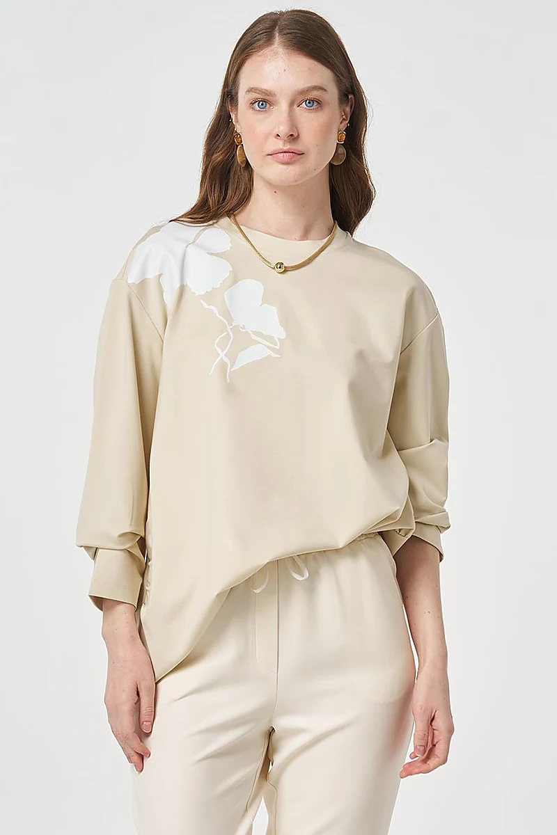 Printed Detail Knit Sweatshirt Cream