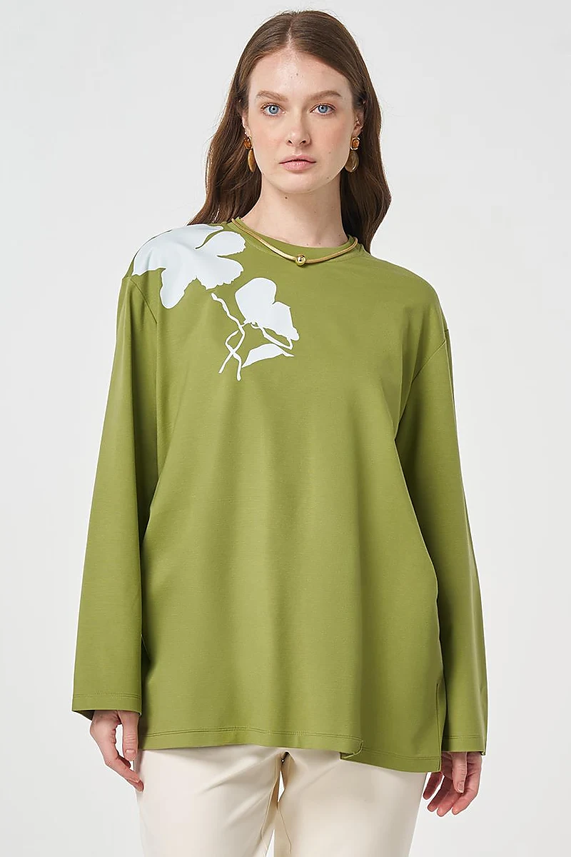 Printed Detail Knit Sweatshirt Matcha Green