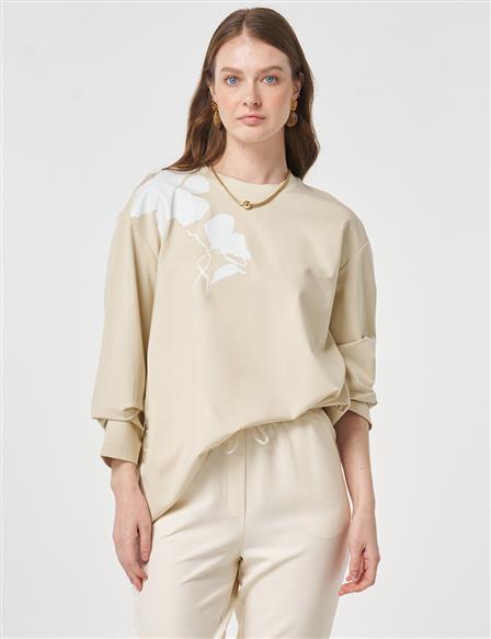 Printed Detail Knit Sweatshirt Cream