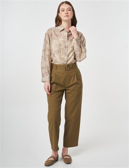 Belt-Detail Viscose Trousers Khaki