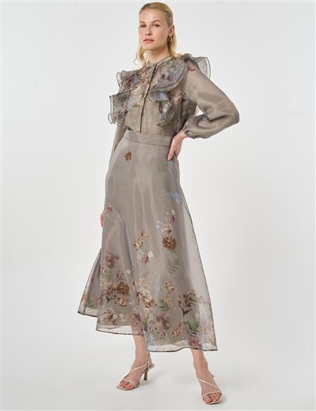 Fırfır Detaylı Organze Etekli Takım Küf Yeşili