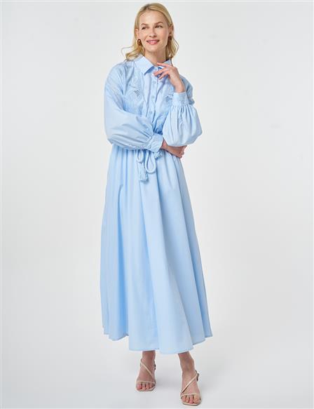 Nakış İşlemeli Pamuklu Elbise Buz Mavisi
