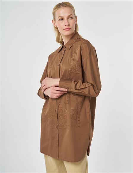 100% Cotton Shirt Collar Laser Cut Tunic Brown