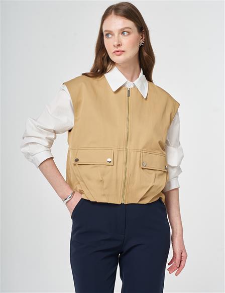 Fermuar Kapamalı Kısa Yelek Bej