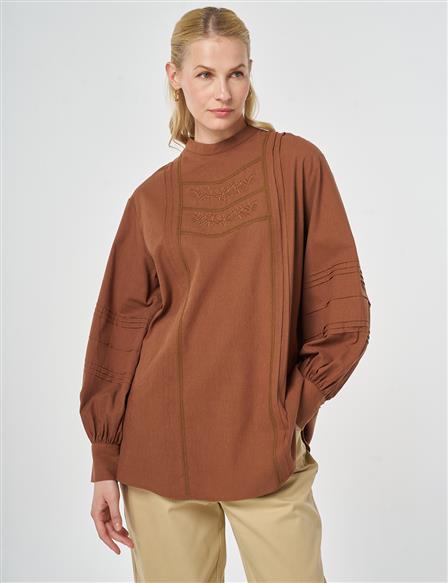 Ribbed Stitch Cotton Linen Blouse Brown