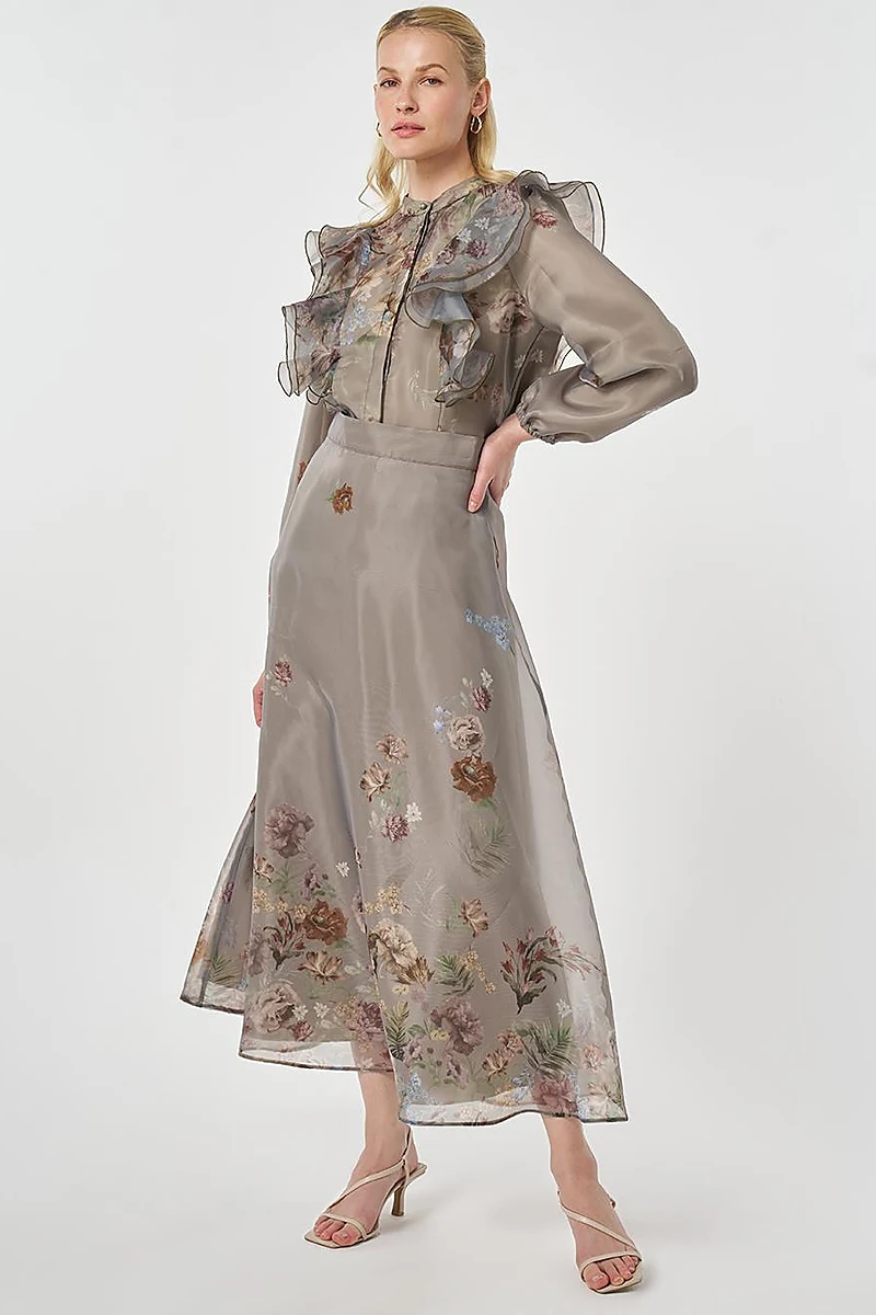 Organza Skirt Suit with Ruffle Detail, Moss Green