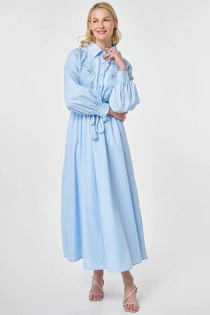 Embroidered Cotton Dress Ice Blue