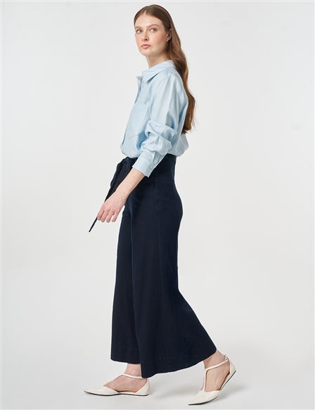 Belt Detail Washed Denim Pants Navy Blue