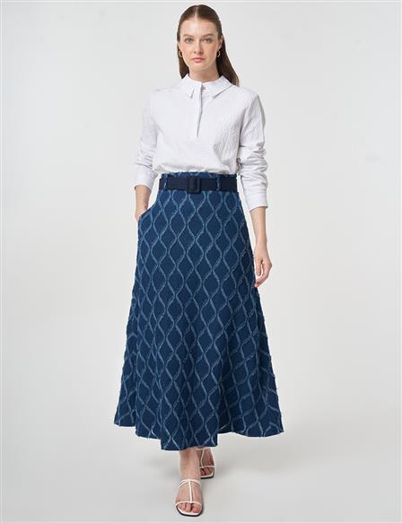 Distressed Denim Skirt with Belt Detail Navy Blue