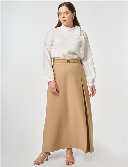 Buckle-Detail Flared Skirt Beige
