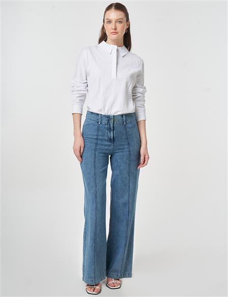 Washed Denim Trousers with Seam Stitching Light Blue