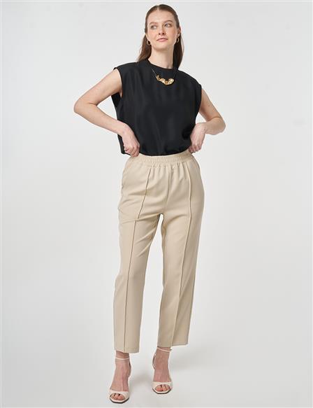 Topstitched Straight-Leg Pants Stone
