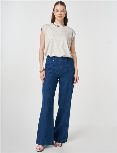 Washed Denim Trousers with Seam Stitching Navy