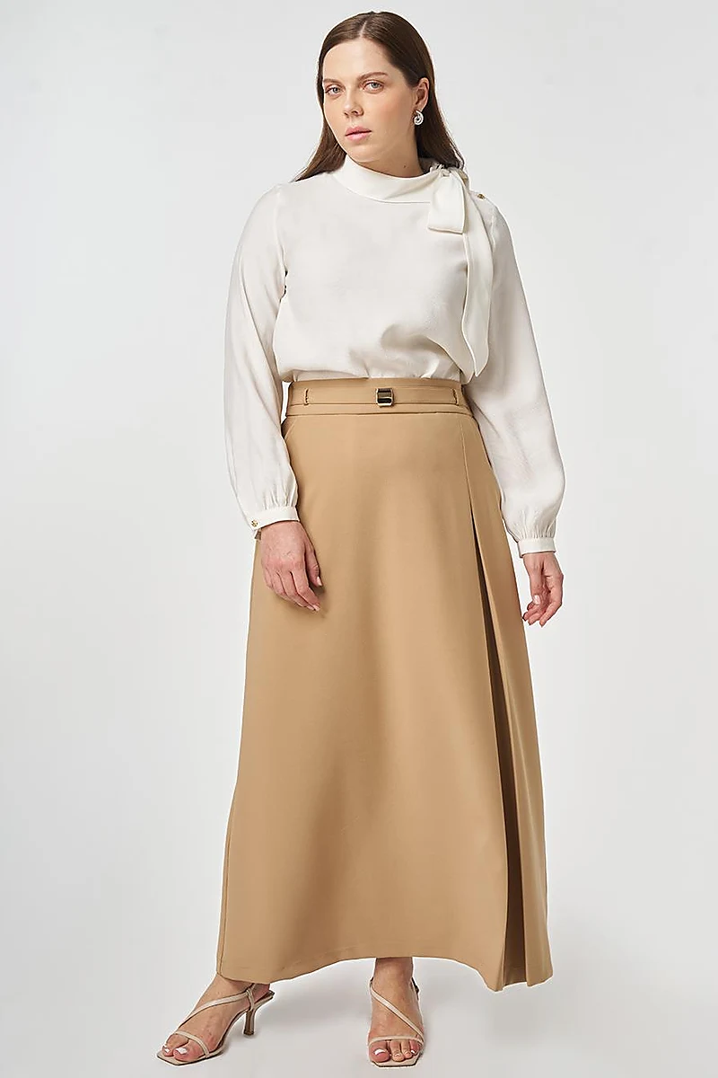 Buckle-Detail Flared Skirt Beige