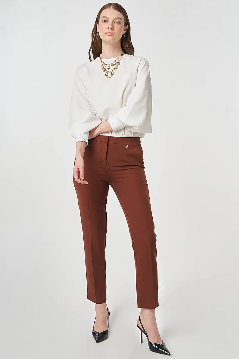 Pressed-Effect Basic Fabric Pants Dark Brown