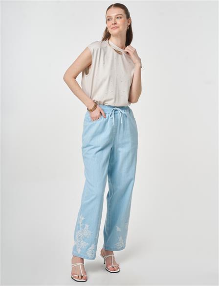 Washed Embroidered Hem Denim Pants Blue 