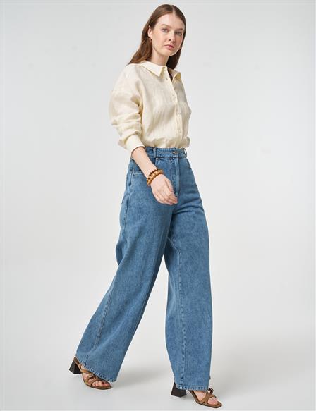 Washed Wide Leg Denim Trousers Blue