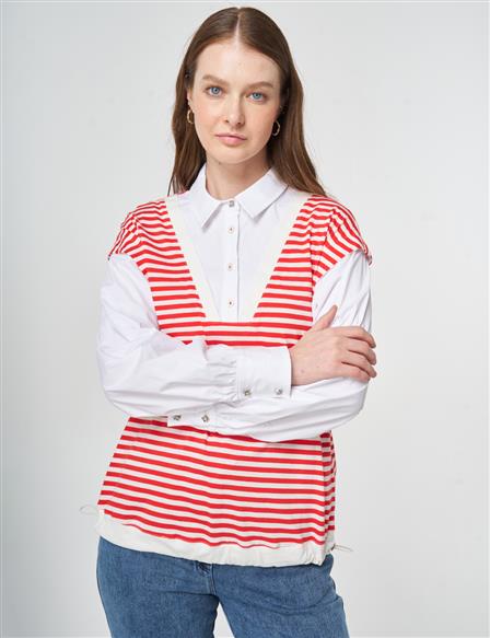 100% Cotton Striped Sweatshirt Red