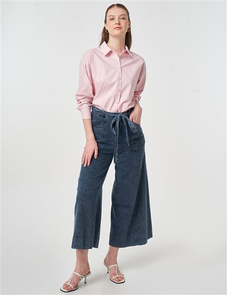 Belt Detail Washed Denim Pants Blue