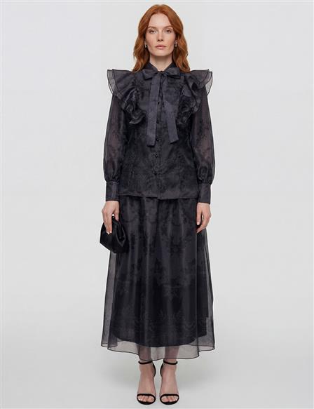 Shawl Collar Organza Set Black