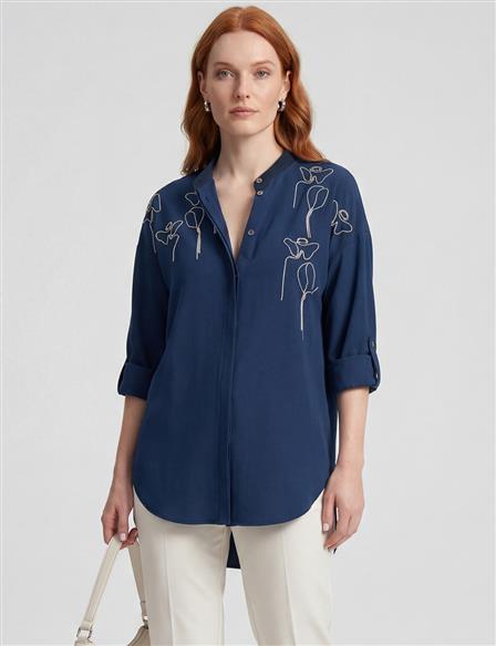 Embroidered College Collar Tunic Dark Navy