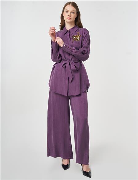 %100 Lyocell Nakış İşlemeli İkili Takım Patlıcan Moru