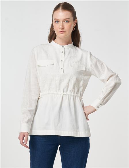 Mandarin Collar Embossed Blouse Off-White